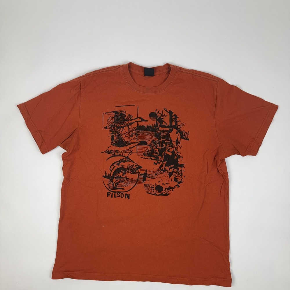 Mens Filson Pioneer Graphic Orange Casual Short Sleeve T-Shirt Size Large GUC